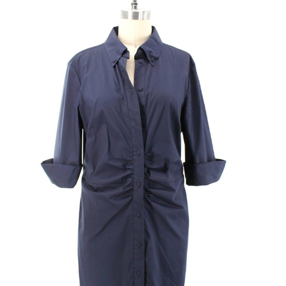 LUISA CERANO Dark Blue Cotton Stretch Shirt Dress Ruched Front Button Midi SZ 10 - Picture 3 of 15